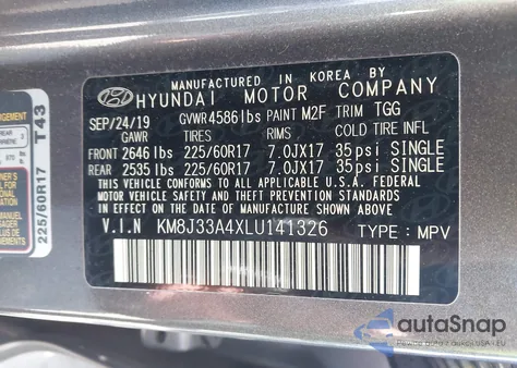 2020 Hyundai Tucson Value z USA, uszkodzony, nr VIN KM8J33A4XLU141326